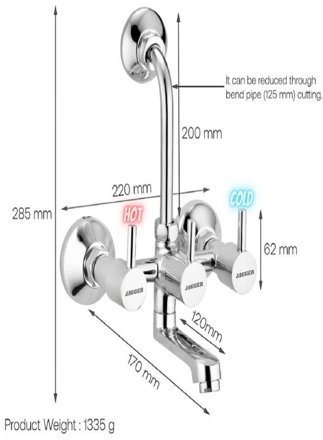 JAGGER JAG150 Brass Wall Mixer with Provision for Over Head Shower and 190mm Long Bend Pipe (Chrome) (Turbo PAN) - Image 4